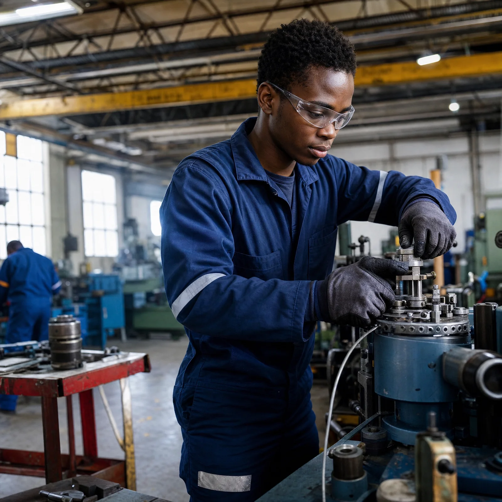 Learner in PPE using industry-standard equipment at a partner trade centre